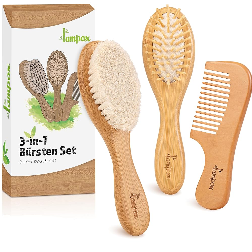 Natural Wood Baby Hair Brush and Comb Set - Soft Bri...