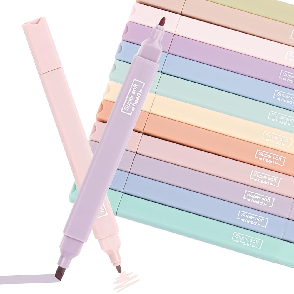 Pastel Highlighters, 12pcs Dual-Ended Aesthetic Bibl...