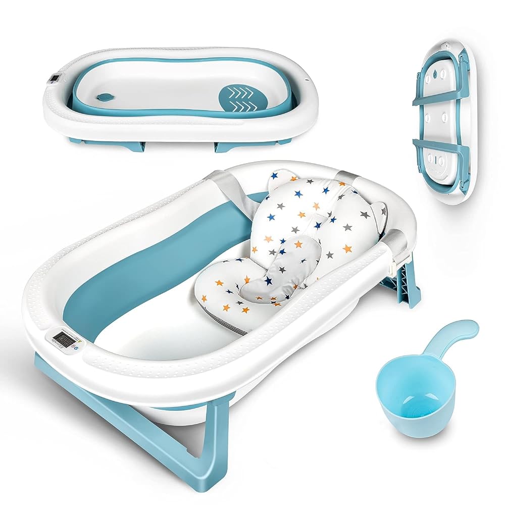 Foldable Baby Bath Tub with Thermometer - Blue