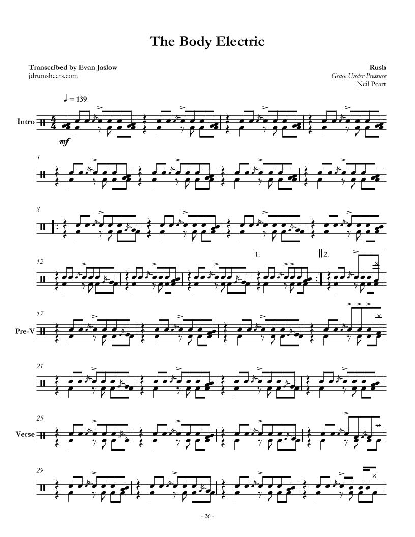 Rush - The Body Electric: Drum Sheet Music