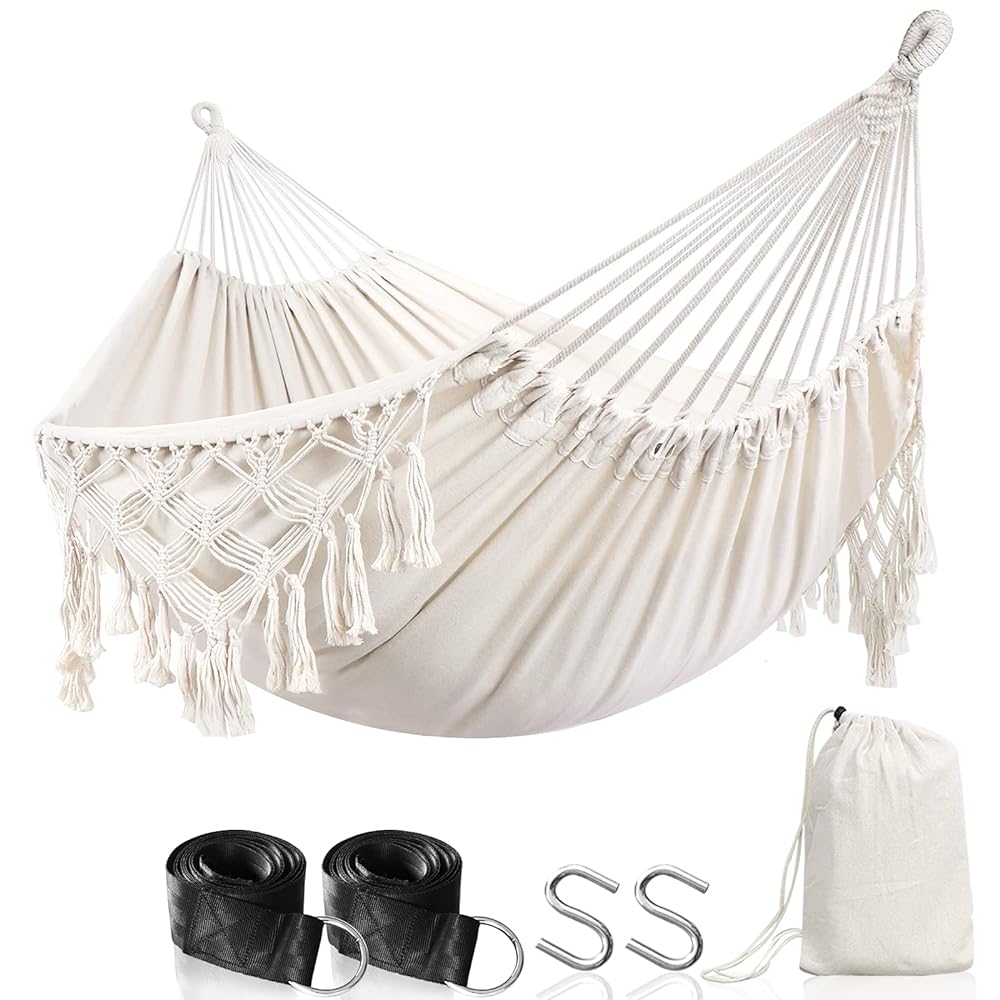 Anyoo Outdoor Cotton Hammock with Macrame, Tree Stra...