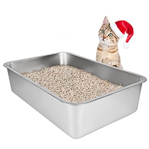 IKITCHEN Stainless Steel Cat Litter Box, Large Metal Litter Pan for Cats Rabbits, Never Absorbs Odors,Stain Free, Rustproof, Non Stick Smooth Surface, Anti-slip Rubber Bottom, 15.7″L x 11.7″W x 4″H